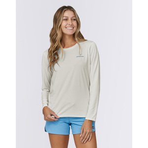 Tričko Patagonia W's L/S Cap Cool Daily Graphic Shirt - Waters Boardshort Logo Light Plume Grey: White